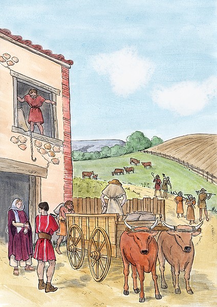 Artist’s reconstruction of agricultural scene within the countryside of Roman Britain (by Margaret Mathews)